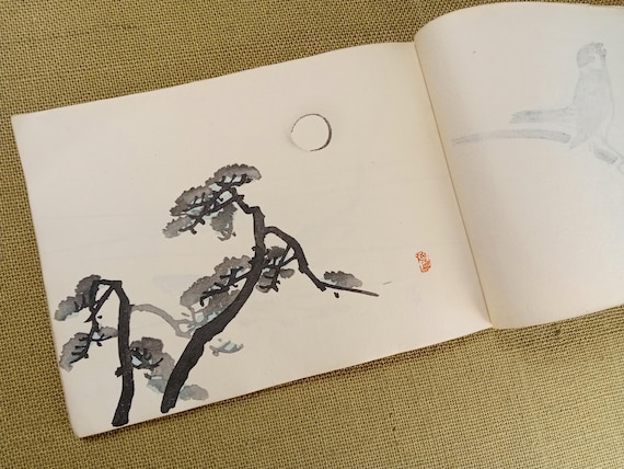 Antique Japanese practice painting album, Takeuchi Seihō, Meiji period, 12 woodblock prints