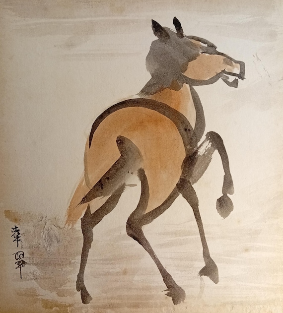 Vintage Japanese shikishi with horse study in ink and wash, early–mid Shōwa