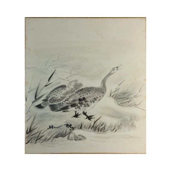 Vintage Shōwa Japanese ink shikishi – goose in landscape