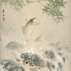 Sumi-e japonés antiguo (vintage), pintura original del período Shōwa de las décadas de 1920 a 1950, dibujo a tinta sobre shikishi, minimalismo n.° 832 para colgar en la pared.