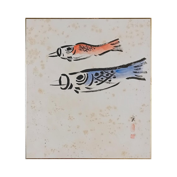 Vintage Showa Japanese ink and color shikishi - koinobori