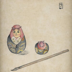 Pintura vintage con tinta Shikishi, Sumi-e japonés original, principios y mediados del siglo XX (Showa), papel washi, cartón, para colgar en la pared.