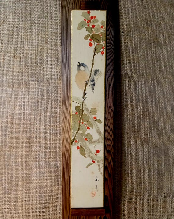 Antique Japanese Tanzaku, Ink Painting on silk, Original Drawing, Sumi-e, Ukiyo-e, Minimalism Art, Wall Hanging
