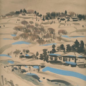 Vintage Japanese Shikishi Watercolor – Snowy Countryside, signed S. Hikaru (c. 1950–70s)