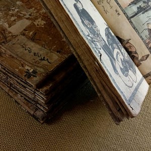 May include: Antique books with aged, textured pages. One book is open, revealing a detailed illustration in blue and black ink. The pages are yellowed with age, and the covers show signs of wear. The books are resting on a textured, brown surface.