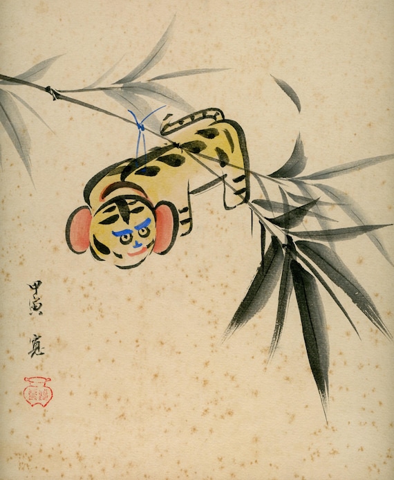 Antique (Vintage) Japanese Sumi-e, Original Painting 1920s-1950s Shōwa period, Ink Drawing on Shikishi,  Minimalism #832 Wall Hanging