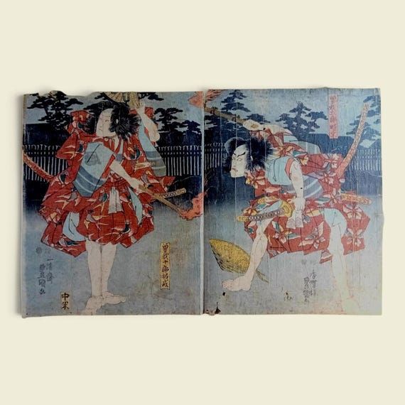 Utagawa Kunisada Toyokuni III - Soga Brothers Kabuki Diptych - Edo Woodblock Print 1851