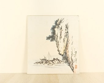 Vintage Japanese Sumi-e, Japan Shikishi, Japan Water Ink Painting, Japan Art, Painting on Cardboard, #2076, Japanese Landscape