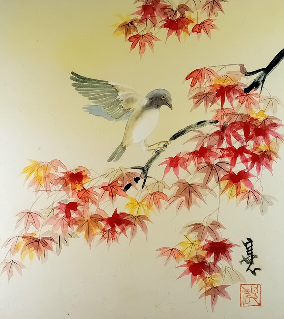 Ogawa Ken’ichi Hōjitsu - Bird and Autumn Maple - vintage Japanese painting on shikishi