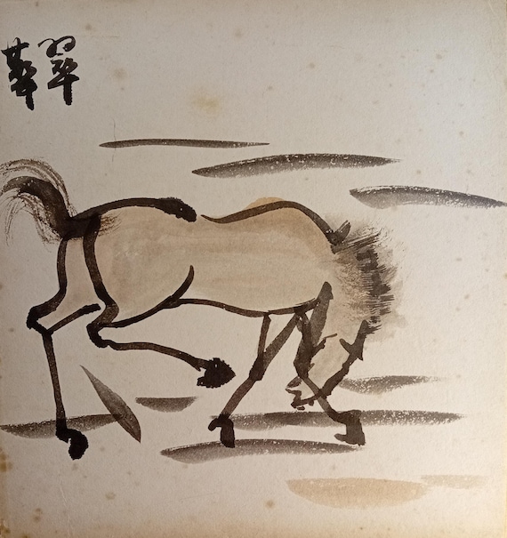 Vintage Japanese shikishi “Horse with lowered head”, early–mid Shōwa