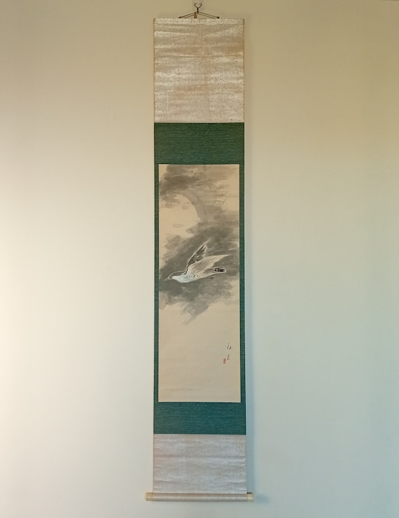 Vintage Japanese Scroll, Sumi-e, Ink Painting, Kakejiku, Kakemono, Wall Hanging, Flying Bird, #440
