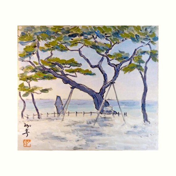 Genshū — Hagoromo no Matsu — Japanese Shikishi Painting, 1965