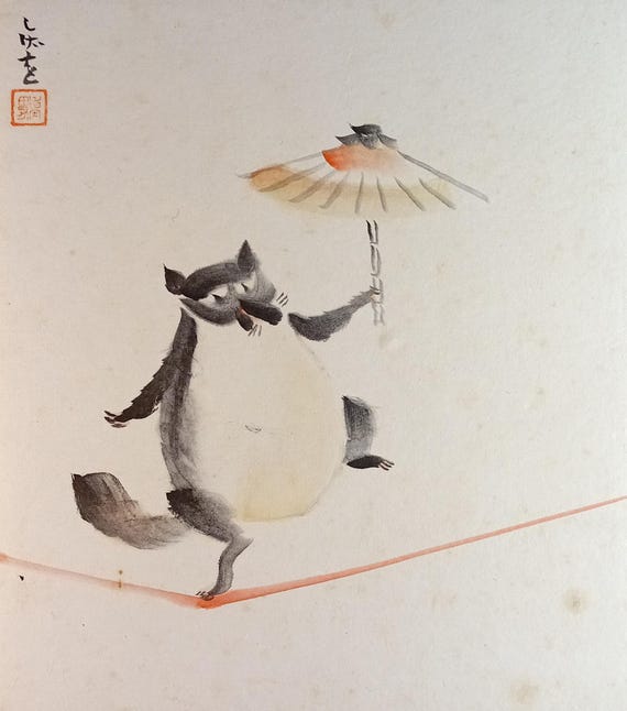 Vintage mid Showa Japanese tanuki painting on shikishi - raccoon dog with umbrella