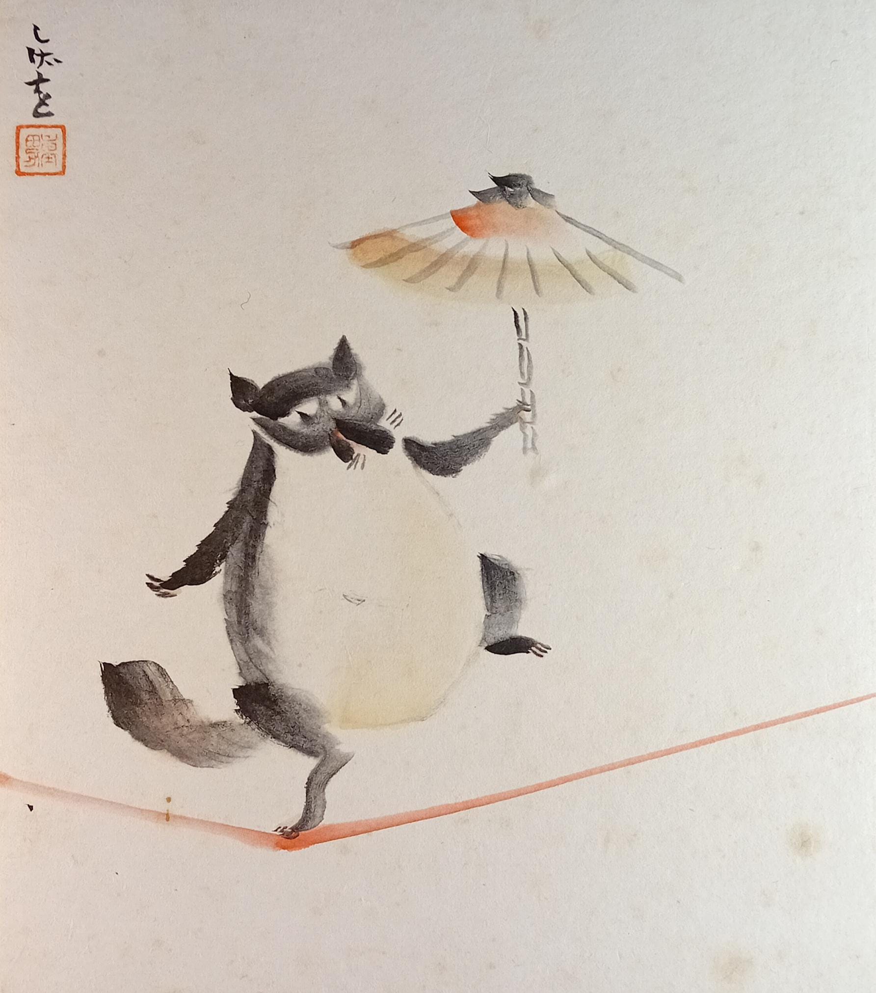 Vintage mid Showa Japanese tanuki painting on shikishi - raccoon