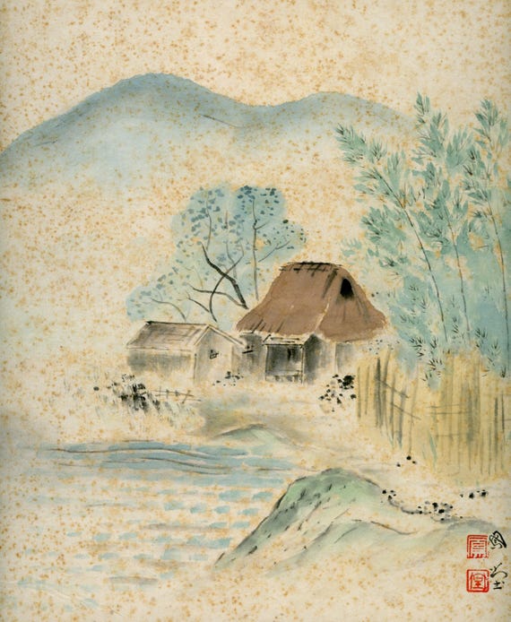 Antique (Vintage) Japanese Sumi-e, Original Painting 1920s-1950s Shōwa period, Ink Drawing on Shikishi,  Minimalism #832 Wall Hanging