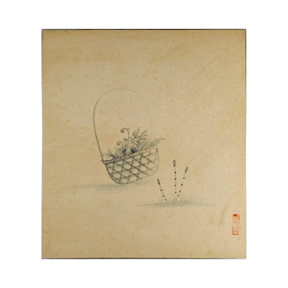 Spring Basket – Japanese Sumi-e Shikishi Painting, Early–Mid Showa Period