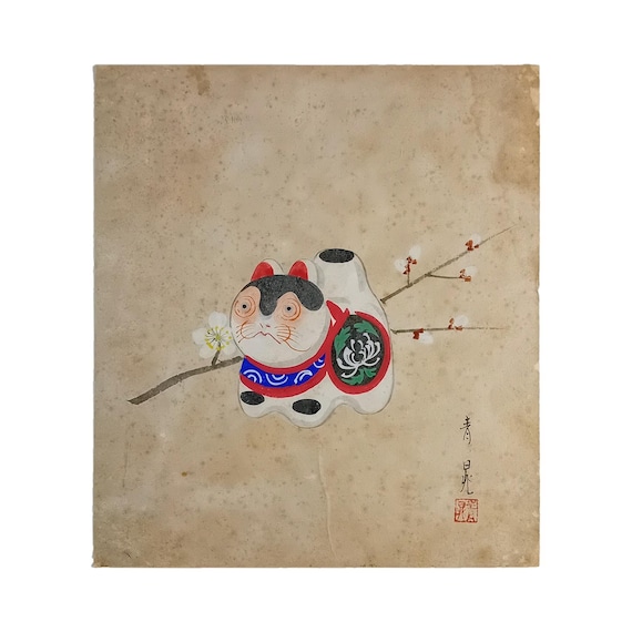 Vintage early Showa Japanese ink and color shikishi - inu hariko