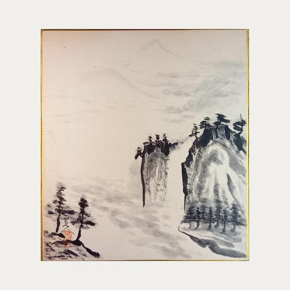 Vintage mid Showa Japanese sumi shikishi - mountain landscape