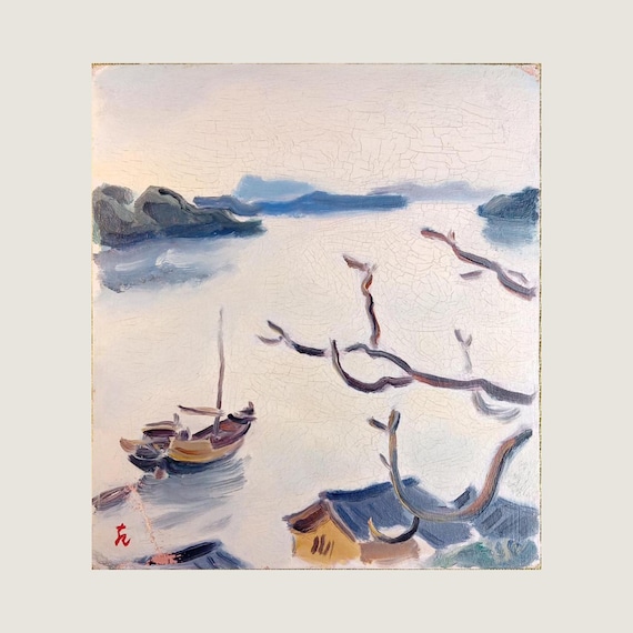 Kizaburo Ienaga - “Seto in Spring” - 1941 Japanese oil painting on shikishi, early Showa