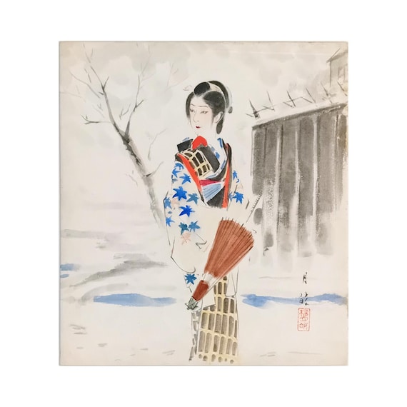 Ohashi Gekko - Woman with umbrella in snow - vintage early-mid Showa Japanese painting on shikishi