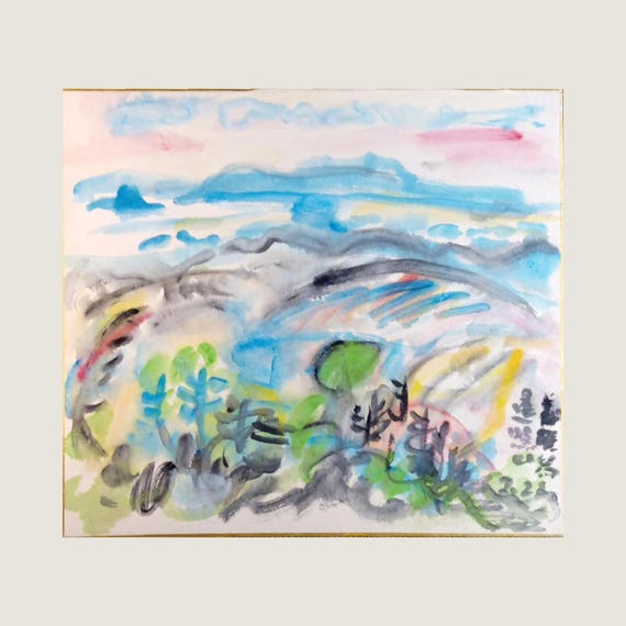 Vintage Shōwa Japanese watercolor shikishi – mountain landscape