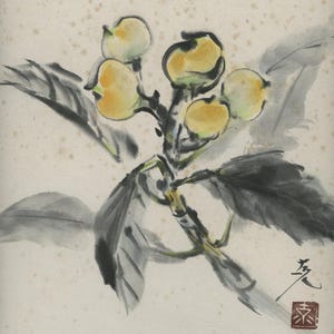 Pintura vintage con tinta Shikishi, Sumi-e japonesa original, mediados del siglo XX (Showa), papel washi, cartón, para colgar en la pared.