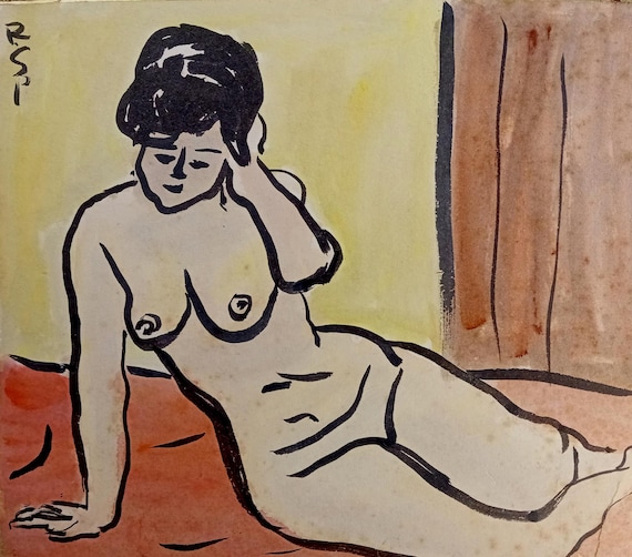 Vintage 1955 Japanese ink and watercolor shikishi – reclining nude
