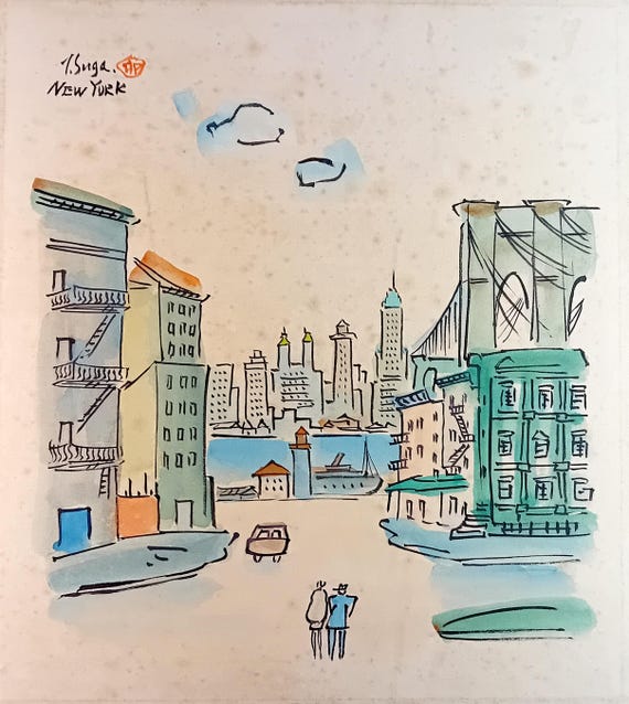 Toshio Suga – “New York” – 1960s Vintage Japanese Painting on Shikishi