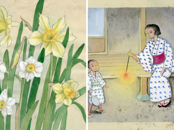 Vintage Shōwa Japanese watercolor double-sided shikishi – narcissus and summer evening scene