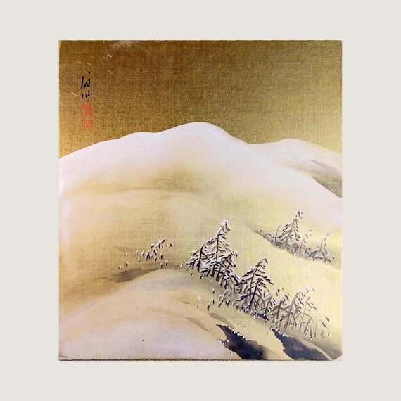 Winter Silence in Gold – Vintage Japanese Silk Painting on Shikishi, Showa Period