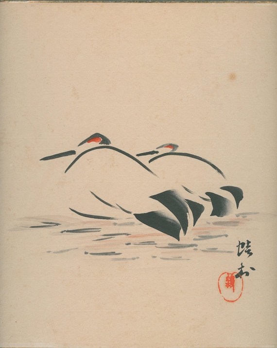 Showa Japanese Shikishi – Minimalist Sumi‑e of Cranes – Signed “Ha‑o” with Red Seal