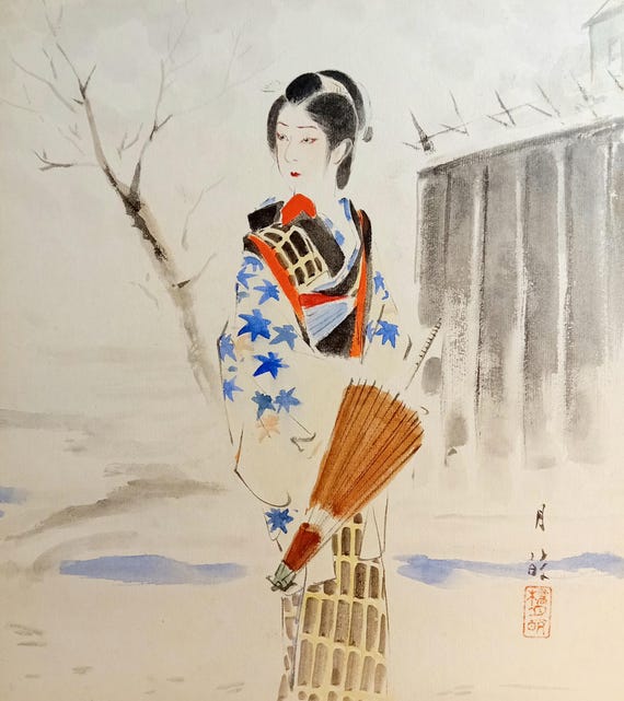 Vintage early-mid Shōwa Japanese ink and color shikishi