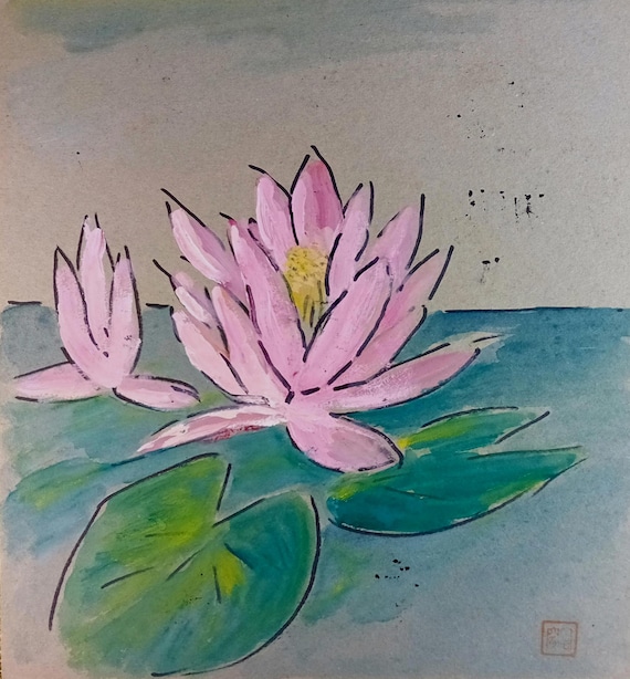 Ikkū - “One Emptiness” - Water Lilies and Verse - double sided vintage Japanese painting on shikishi