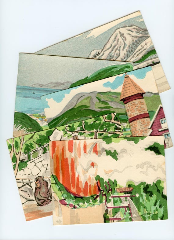 Vintage Japanese Postcard Collection (5), Handmade paintings, second half of the 20th century, Ukiyo-e