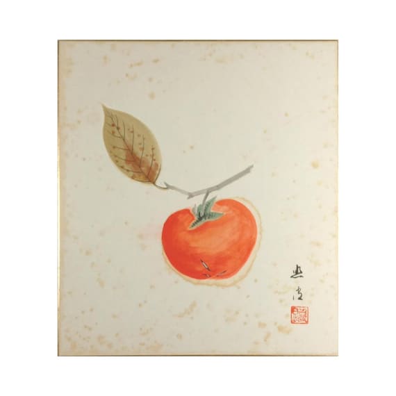 Postwar Shōwa Japanese Ink and Color Shikishi – Persimmon – Signed and Sealed