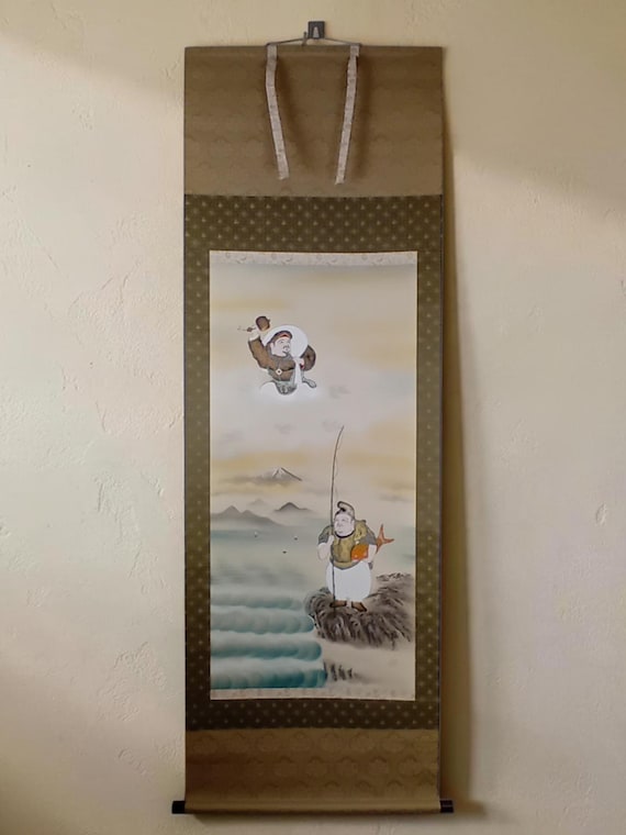 Ebisu and Daikokuten – Vintage Japanese Silk Kakejiku Scroll, Showa Period, Tomobako