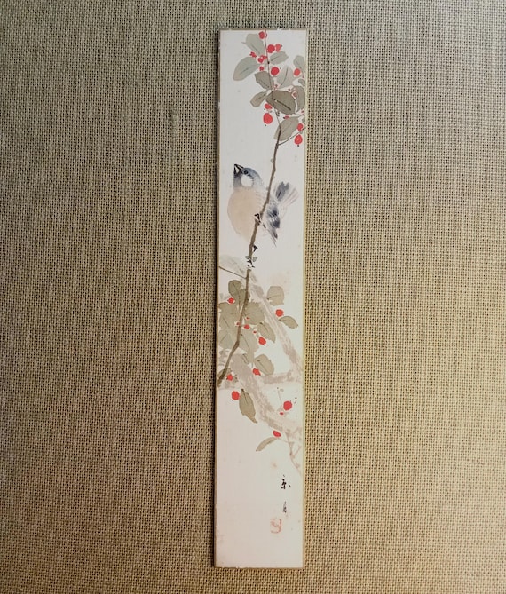 Vintage early Shōwa Japanese painting tanzaku – bird and berries