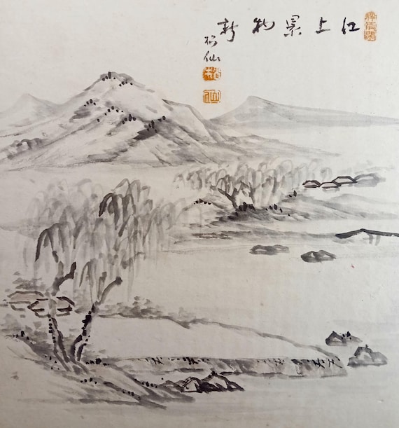 Vintage Shōwa Japanese ink shikishi – Autumn river landscape