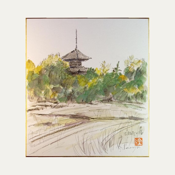 Kinbara Teruya – Hokiji Pagoda – Vintage Japanese Painting on Shikishi