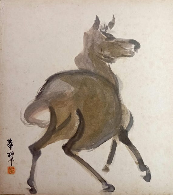 Vintage Japanese shikishi with ink horse study, early–mid Shōwa