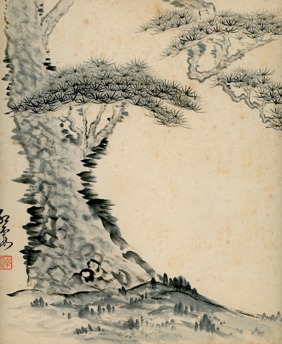 Antique (Vintage) Japanese Sumi-e, Original Painting 1920s-1950s Shōwa period, Ink Drawing on Shikishi,  Minimalism #832 Wall Hanging