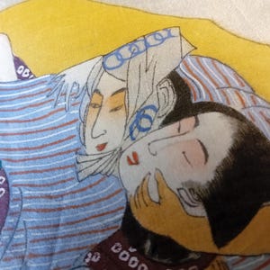 Vintage Japanese woodblock print on silk, Authentic, Shunga, Woodcut