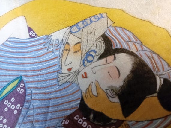 Vintage Japanese woodblock print on silk, Authentic, Shunga, Woodcut