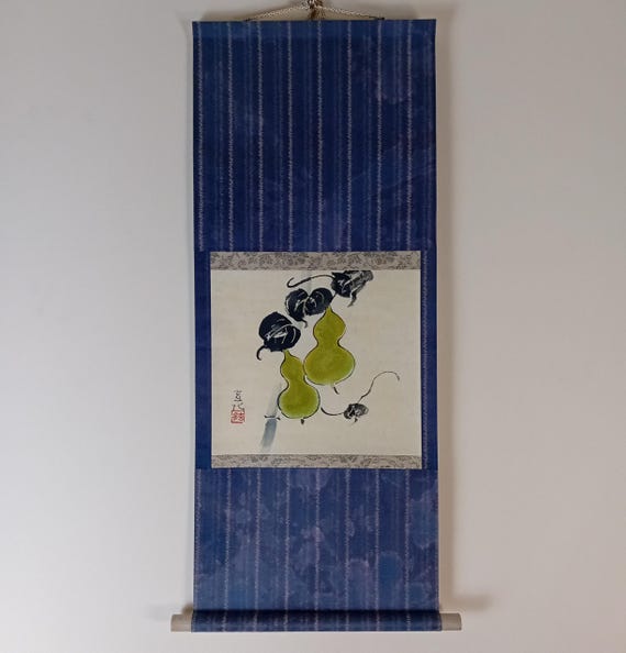 Vintage Japanese Scroll, Sumi-e, Ink Painting on washi, Kakejiku, Kakemono, Wall Hanging, #910, miniature, Genka Imai