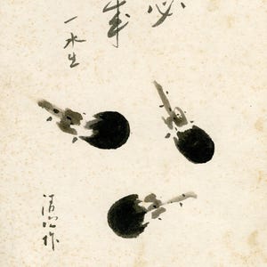 Sumi-e japonés vintage, pintura original de las décadas de 1950, 1960 y 1970 (período Shōwa), dibujo a tinta sobre shikishi, arte asiático, decoración minimalista para pared.