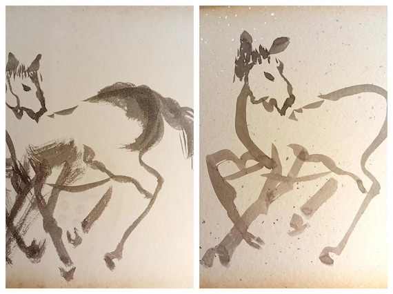 Vintage Japanese ink horse — double-sided shikishi (early–mid Shōwa)
