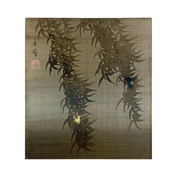 Hotarubi – Firefly Light Under the Willow – Japanese Painting on Silk, Early to Mid-Showa