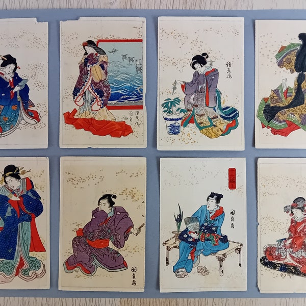 Utagawa Kunisada, 8 Antike japanische Holzschnitte, Ukiyo-e, Bijin-ga, Utagawa Toyokuni III, #701, antike japanische Holzschnitte