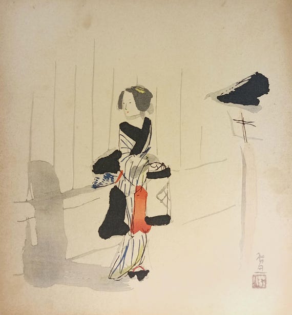 Vintage early Shōwa Japanese ink shikishi – female figure