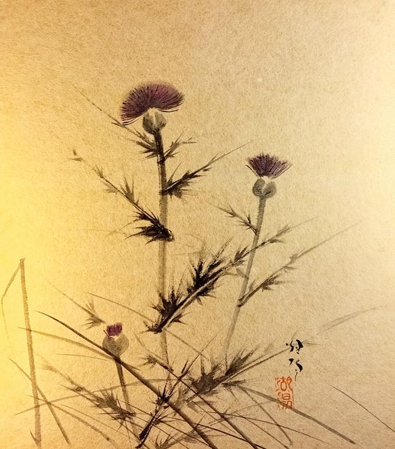 Vintage second half 20th century Japanese ink and color shikishi - thistle flowers